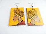 African Earrings Afrocentric Jewelry Women Yellow Earrings Hand Painted Wooden